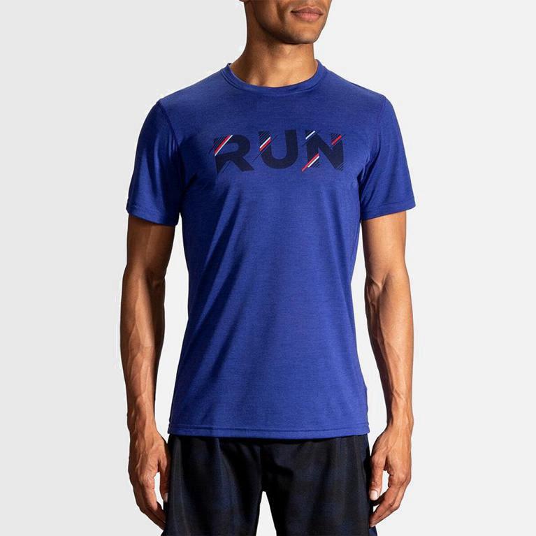 Brooks Distance Graphic Israel - Men's Short Sleeve Running Shirt - Blue (12769-FCPD)